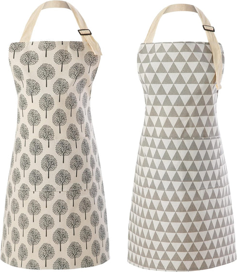 Tosewever 2 Pieces Cotton Linen Waterproof Bib Apron with 2 Pockets - Long Ties Adjustable Neck Strap - Unisex Cooking Kitchen Decorative Pattern ...