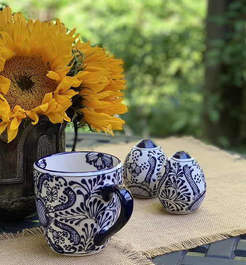 Encantada Handmade Hand-Painted Authentic Mexican Pottery, Salt and Pepper Shaker Set, Blue Flower (MC085F-K2)...
