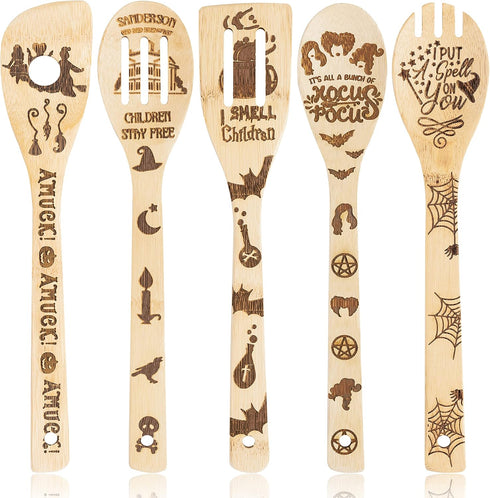 Eartim Hocus Pocus Wooden Cooking Utensil Set - 5Pcs Halloween Kitchen Cooking Gadget Natural Carve Bamboo Spoon Slotted Spatula Non-Stick Cookwar...