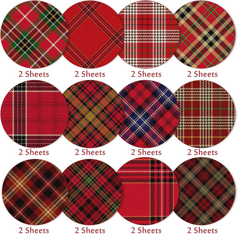 Whaline 24 Pack Christmas Pattern Paper 30x30cm Red Scottish Plaid Scrapbook Paper 12 Designs Double-Sided Xmas Craft Paper Folded Flat for DIY Ca...
