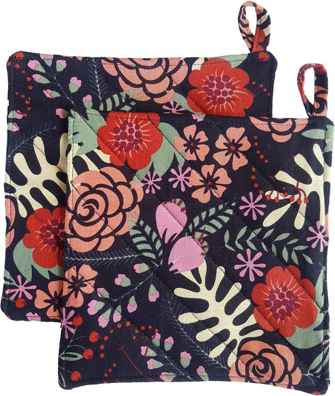 CUSHYSTORE Canvas Pot Holder Oven Pads Potholders Navy Blue for Cooking Kitchen 7.75", 2 Pack (Exotic Flower)...