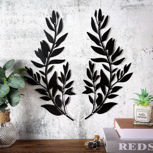 2 Pieces Metal Tree Leaf Wall Decor Vine Olive Branch Leaf Wall Art Black Wrought Iron Scroll Sculptures Metal Leaf Wall Scroll Branch Wall Sculpt...