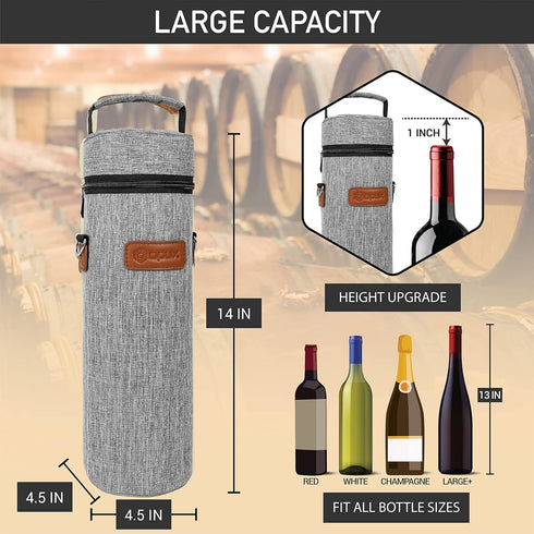 opux Wine Bag Single Bottle Carrier Tote, Insulated Wine Cooler Bag for Travel Picnic Beach with Shoulder Strap, Thermal One Bottle Holder Carryin...