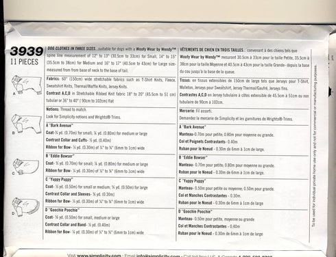 Simplicity 3939 Sewing Pattern Use to Make Dog Clothes in Three Sizes - Woofy Wear by Wendy...