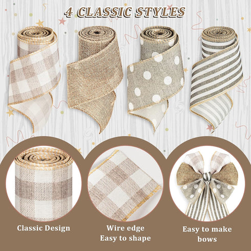 Whaline Farmhouse Wired Edge Ribbon 4 Rolls White Polka Dots Buffalo Plaid Stripe Ribbons Rustic Farmhouse Craft Ribbons for Spring Summer Wedding...