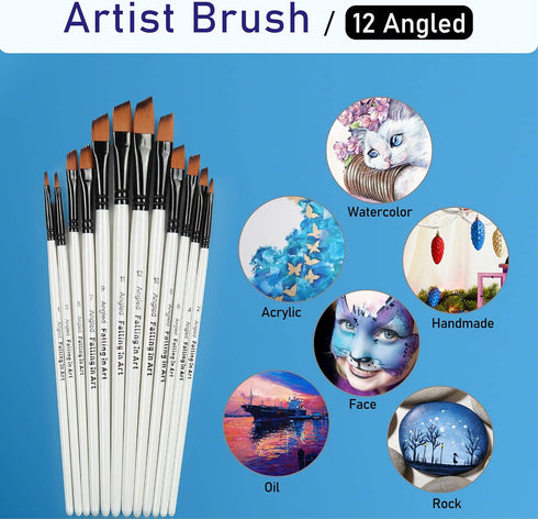 Falling in Art Paint Brushes Set, 12 PCS Nylon Professional Angled Paint Brushes for Watercolor, Oil Painting, Acrylic, Face Body Nail Art, Crafts...