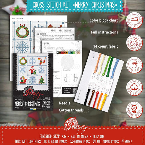 Povitrulya Counted Cross Stitch Kit 'Merry Christmas' - Easy-to-do Embroidery Sampler Set for The Christmas and New Year Holidays, Encouragement, ...