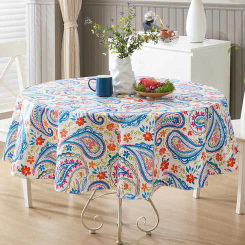 Newbridge Boho Chic Paisley Vinyl Tablecloth with Flannel Backing, 70 Inch Round, Blue Red and Pink Floral Print, Wipe Clean Table Cover for Dinin...