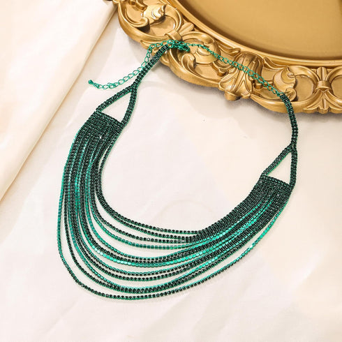 Flyonce Multi Layered Choker Collar Necklace, Glitter Green Rhinestone Crystal Tassel Multi-Strand Fringe Chains Bib Statement Necklace Prom Jewel...