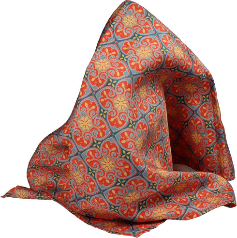 Elegant Red Gold Cathedral Print Silk Handkerchief Rich Arabesque Design – 100% Silk - Large 16” Square...