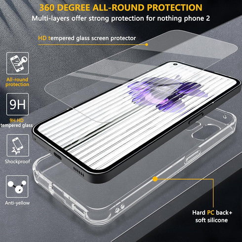 Hensinple for Nothing Phone 2 Case with Tempered Glass Screen Protector, Anti-Yellowing Military-Grade Drop Protection Cover, Shockproof Soft Slim...