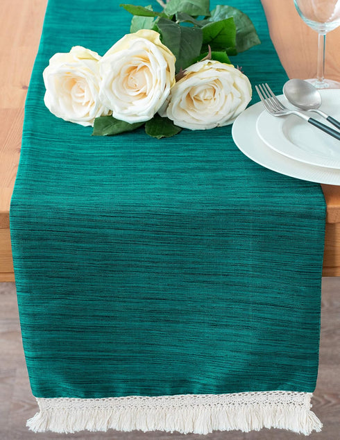 Teal Green Kitchen Table Runners With Macrame Lace Boho Decor (13x90 inch, Pack of 1) Fabric Lined | Properly Finished, No Fray Edges | for Home, ...