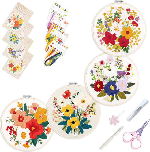 SQIALOUN 4 Sets Embroidery kit for Beginners Adults and Kids with Patterns, Beginner Embroidery Kit, Embroidery Kits for Adults,Hand Embroidery Ki...