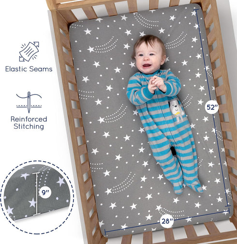 Fitted Unisex Crib Sheets (3 Pack) by GROW WILD - Jersey Knit Cotton Crib Sheets for Boys or Girls, 52” x 28” x 9” Crib Bedding Set (Moon, Stars a...