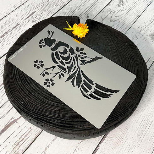 Aleks Melnyk No.471 Metal Stencil, Bird on Tree Branch, Parrot, Branches with flowers, Wild Animal, Small Stencil, 1 PC, Template for Wood Burning...