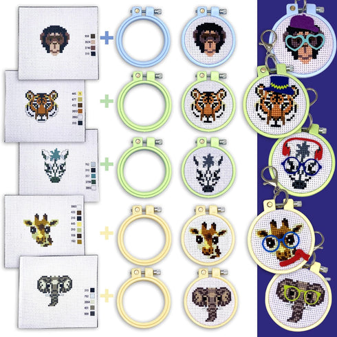 Safari Animals Cross Stitch Kits for Beginners. 5 Stamped Cross Stitch Kits for Kids.Needlepoint Kits for Beginners. Embroidery Kit for Kids. Cros...