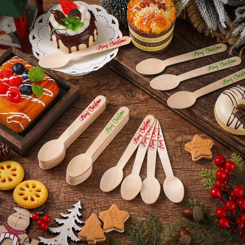 100 Pack Christmas Disposable Wooden Spoons Merry Christmas Pattern Spoons Candy Cane Merry Christmas Wooden Tasting Spoons for Cake Hot Chocolate...