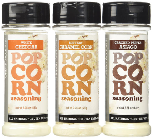 Urban Accents Popcorn Seasoning - All Natural - Gluten Free - Non-GMO - Variety Pack of 3 - Buttery Caramel Corn/Cracked Pepper Asiago/White Chedd...
