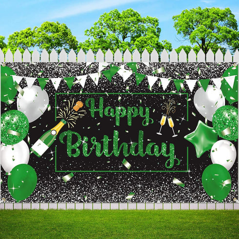 Green Silver Black Happy Birthday Banner Decorations - Champagne Glass Balloons Photo Booth Background for Men Women Party Supplies 73 x 44 Inch...