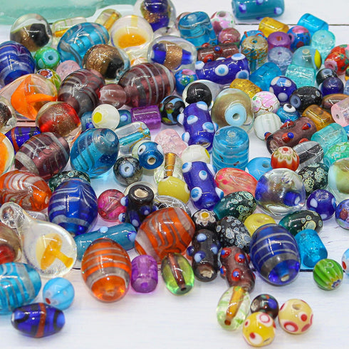 Fun-Weevz 50 PCS Assorted Glass Beads for Jewelry Making Adults, Large and Small Bulk Glass Beads for Crafts, Craft Lampwork Murano Bead Mix for B...