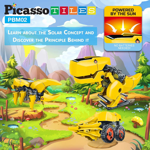 PicassoTiles STEM Kids Solar Powered Dinosaur Robot Educational Learning Engineering Building Toy 3-in-1 Creative Unique Transformation Renewable ...