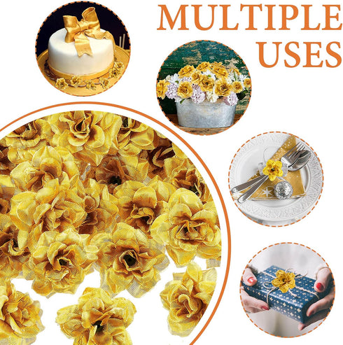 Syhood 100 Pieces 1.77" Gold Artificial Roses Head Bulk Small Silk Fake Rose Buds for Decoration, DIY Crafts, Wedding Centerpieces Bridal Shower P...