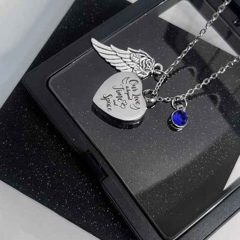 Heart Urn Necklace for Ashes with 12 Birthstones Cremation Jewelry and Angel Wing for Ashes with stary box and transparent PE cover - Our love is ...