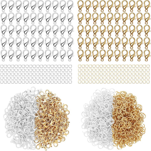 800+ Pieces Lobster Clasps and Open Jump Rings, 12 mm Lobster Claw Clasps Necklace Fasteners Hook and 5 mm Jump Rings for DIY Bracelet Necklace Je...