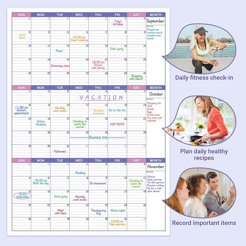BooQool Large Dry Erase Calendar for Wall - Undated 3 Month Calendar, 27.7'' x 40'', Erasable & Reusable Laminated White Board with 8 Round Sticke...