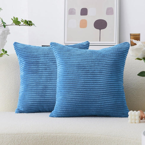 Home Brilliant Throw Pillow Covers Decorative Soft Velvet Corduroy Striped Set of 2 Square Cushion Cover for Couch Bench, 18 x 18 inch, Blue...