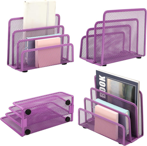 EASEPRES Desk Mail Organizer, Purple 2 Pack Office Small Letter Sorter Desktop File Organizer Metal Mesh with 3 Vertical Upright Compartments...