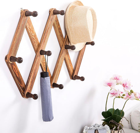 MyGift 10 Hook Burnt Wood Wall Mounted Expandable Accordion Peg Coat Rack Hanger for Entryway, Mudroom or Garage...