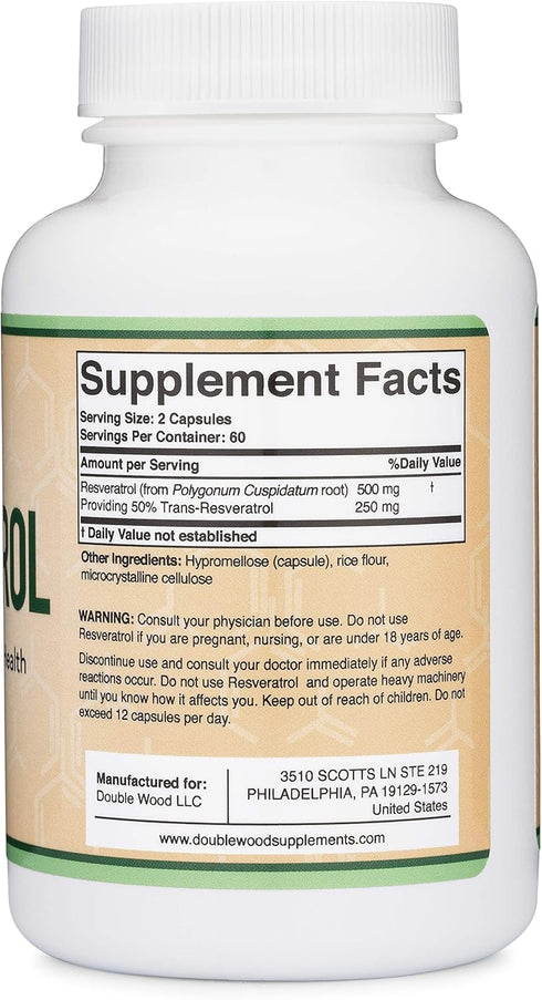 Resveratrol Supplement 500mg Per Serving, 120 Capsules (Resveratrol Polygonum Root Extract Providing 50% Trans Resveratrol) Healthy Aging Support ...
