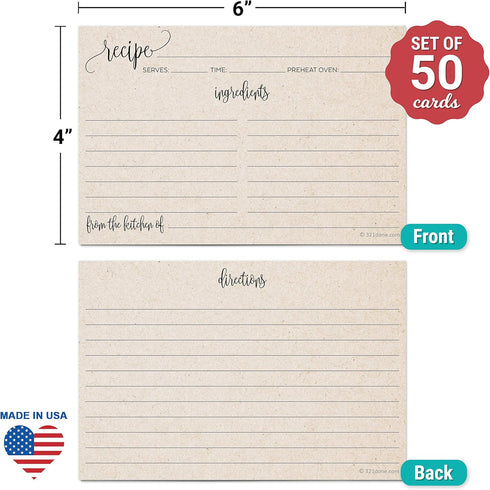 321Done Recipe Cards Modern Rustic Kraft Tan with From the Kitchen Of (Set of 50) 4" x 6" - Minimalist, Large Double-Sided for Weddings, Bridal Sh...