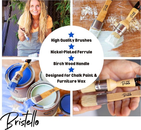 Chalk & Wax Paint Brush Set. 1x Flat Furniture Paint Brush and 1x Round Chalk Brushes for Furniture. 1” Small Paint Brush Duo – Stencil Brush, Mil...