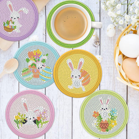 Whaline 8Pcs Easter Diamond Drawing Coasters with Holder, DIY Diamond Drawings Coasters, Colorful Bunny Rabbit Egg Diamond Drawing Kits for Adults...