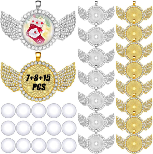 30 Pieces Rhinestone Wing Bezel Pendant Trays Set, 15 Rhinestone Blank Pendant Trays and 15 Clear Glass Cabochons for DIY Craft Jewelry Making...