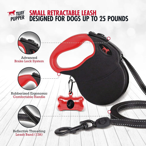 Tuff Pupper Heavy Duty Retractable Dog Leash | 13 ft Dog Leash with Reflective Stitching for Nighttime Safety | One Button Lock and Release | Comf...