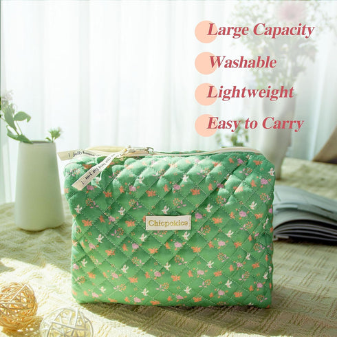 Makeup Bag, Quilted Cosmetic Bag, Cute Flora Makeup Bag, Large Aesthetic Travel Organizer for Travel Essentials, Diapers, Electric Accessories and...