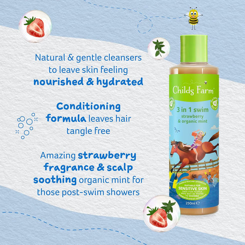 Childs Farm, Kids 3 in 1 Swim, Strawberry and Organic Mint 250 ml, Body Wash, Shampoo and Conditioner, Suitable for Dry, Sensitive and Eczema-Pron...