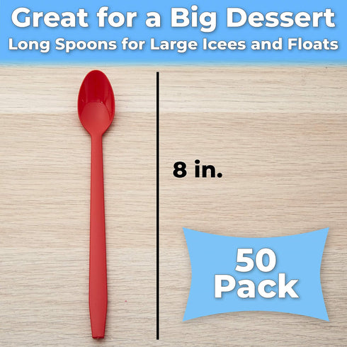 Extra Long, Sturdy Red 8in Premium Sundae Spoons 50ct. Heavy Duty Disposable Plastic Utensils for Ice Cream, Milkshakes, Tea and Floats. Best Stir...