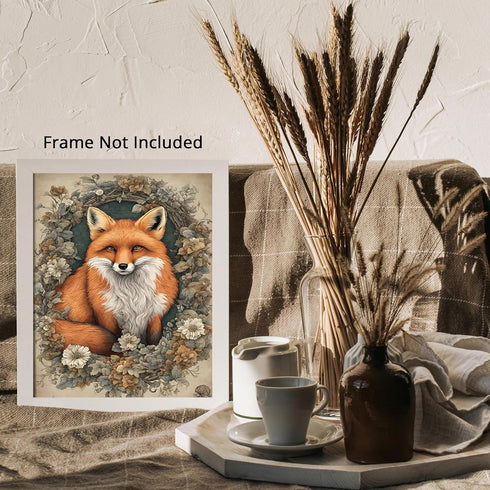 Posterizer 1 pcs- Red fox in a circular frame with flowers arround it-Art for Animal Lovers-Floral Botanical Art- Gift for Men Women Teens-Decor f...
