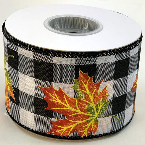 Fall Leaves Buffalo Plaid Ribbon - 2 1/2" x 10 Yards, Wired Edge, Orange Leaf, Black and White Plaid, Halloween, Thanksgiving, Fall Decor, Christm...