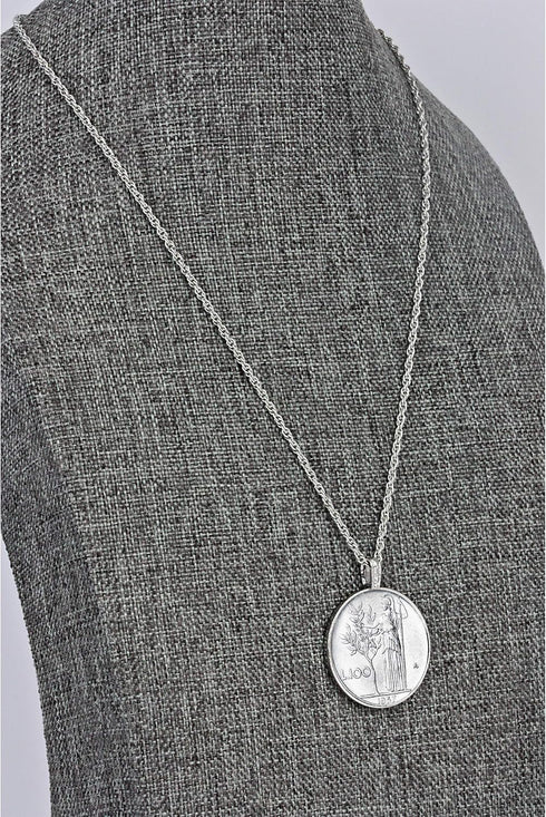 American Coin Treasures Italian Lire Coin Pendant Necklace - L.100 Jewelry Lira Coin from Italy for Collectors with Silvertone Chain & Lobster Cla...