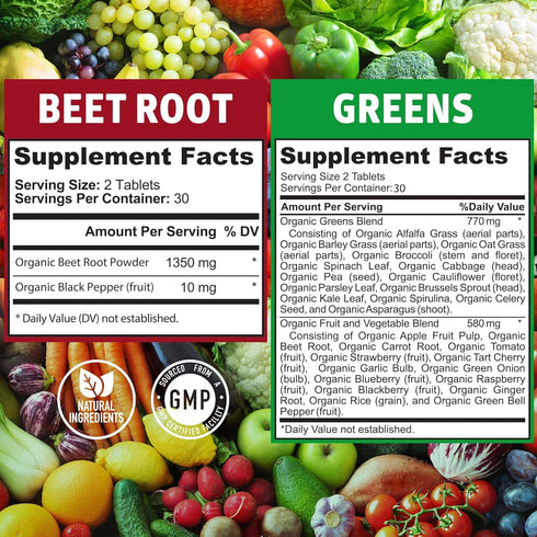 Number One Nutrition N1N Premium and Organic Superfood Greens and Beet Root Tablets for Immunity and Antioxidant Support, Packed with Alfalfa, Spi...