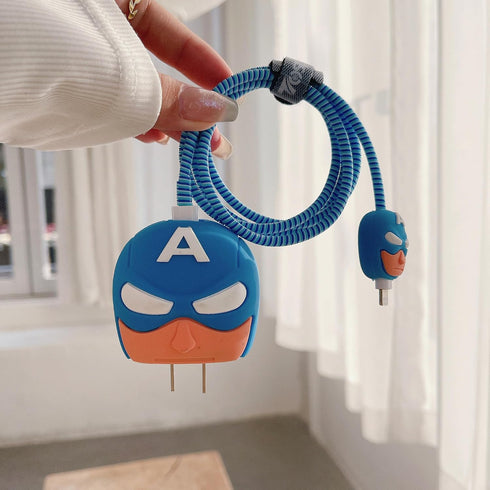 3D Cute Cartoon Charger Protector Case - Compatible for Apple 20W USB-C Power Adapter and Lightning Cable (Captain America)...