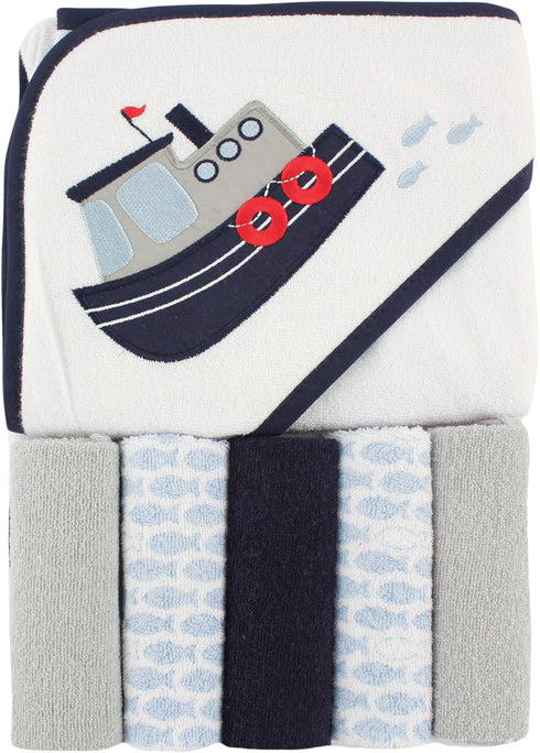 Luvable Friends Unisex Baby Hooded Towel with Five Washcloths, Tugboat, One Size...