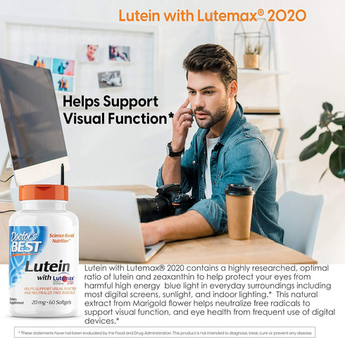 Doctor's Best Lutein featuring Lutemax, Non-GMO, Gluten Free, Eye Health, 20 mg, 60 Softgels...