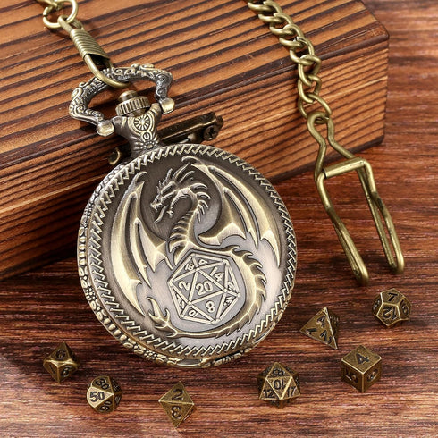 Mini DND Dice Set Steampunk Dragon Pocket Watch Shell Case, 7pcs Polyhedral Metal D&D Dice Set, Dungeons and Dragons Gifts with Gift Box for Men W...