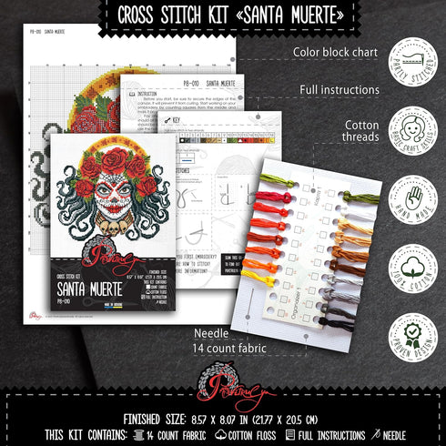 Santa Muerte' Counted Cross Stitch Kit for Adults - DIY Needlework Set with Design Pattern - Halloween, Day of The Dead, Día de los Muertos Embro...